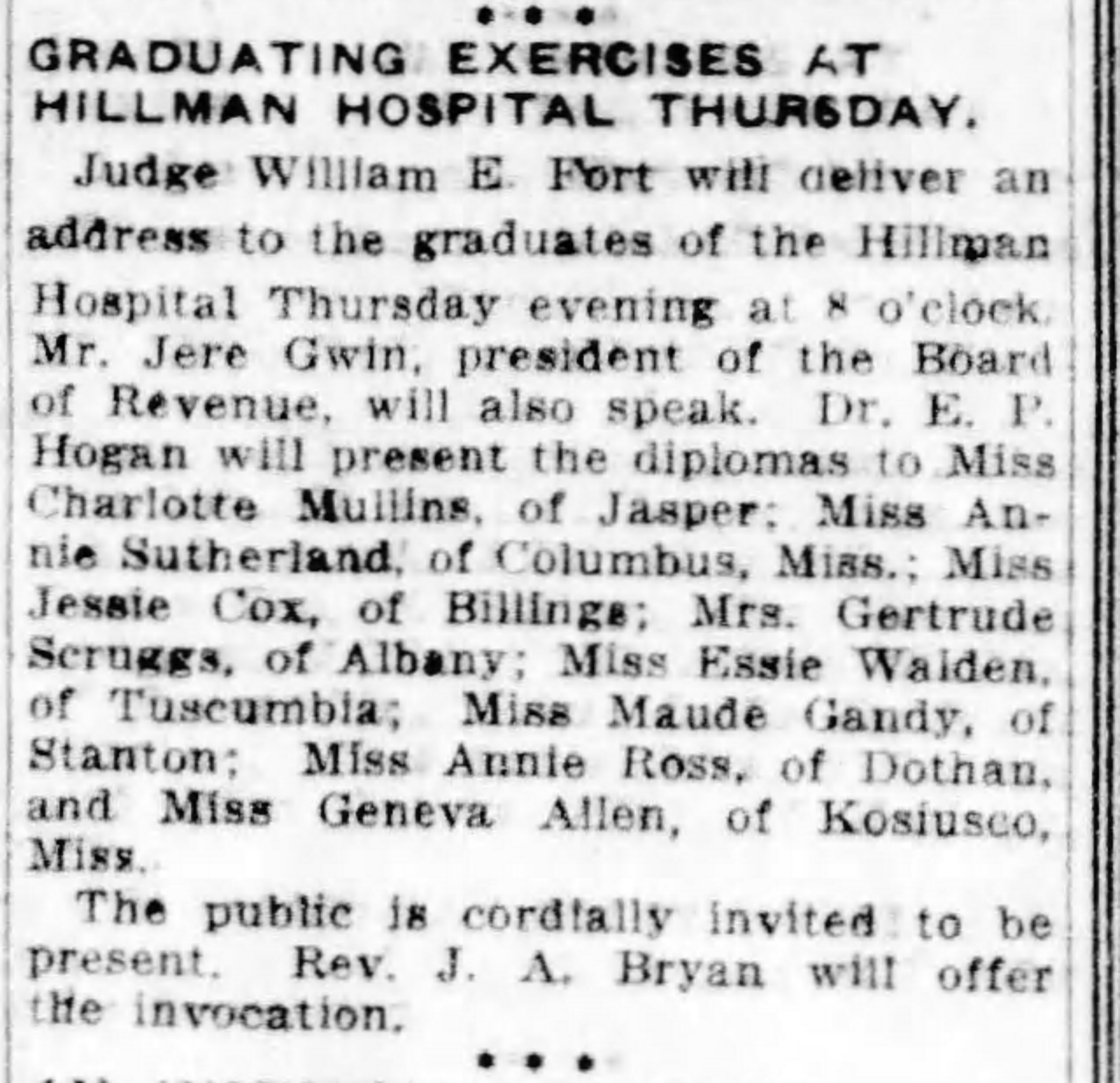 Graduating Exercises At Hillman Hospital Thursday